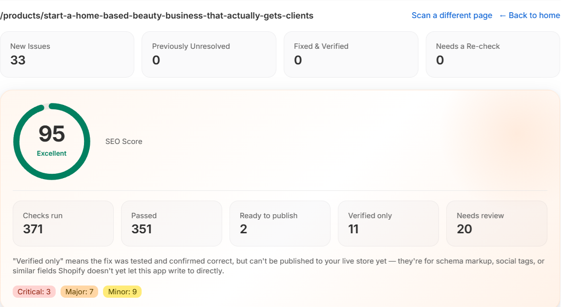 Scan results header with score ring and summary tiles