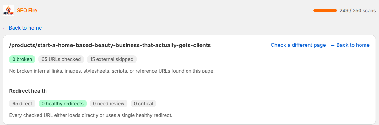 Broken Links and Redirects results with redirect health row