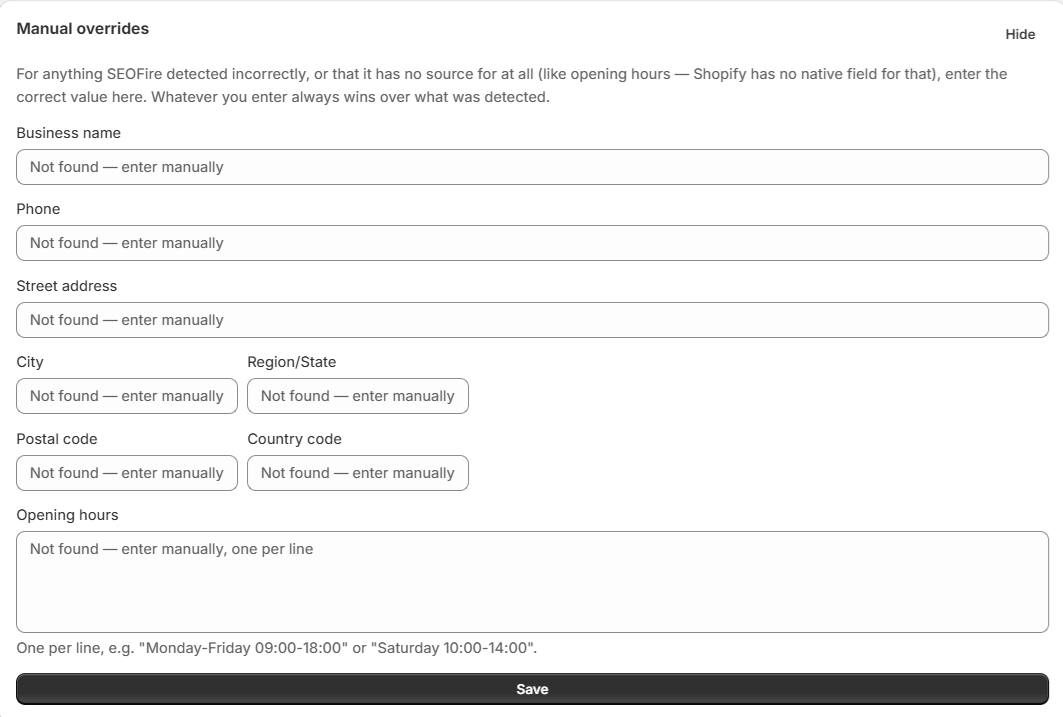 Manual overrides section for Local SEO